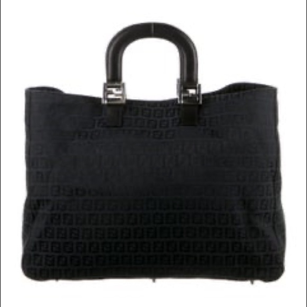 Fendi Tote Blue Zucchino FF Logo w/ silver tone hardware leather trim handles